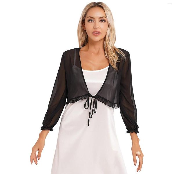 Jaquetas femininas elegantes verão chiffon cardigã manga longa encolher top casual transparente bolero cropped jaqueta cover up