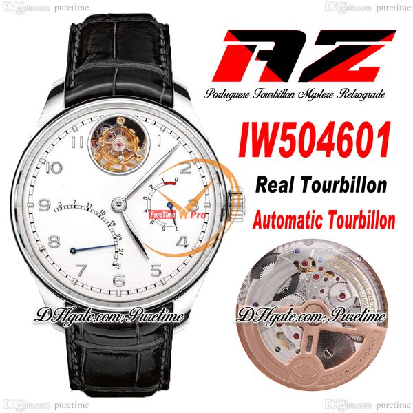 AZF Real Tourbillon Mystere Automatic Mens Watch Power Reserve IW504601 Cassa in acciaio Quadrante bianco Numero argento Pelle nera Super Edition Reloj Hombre Puretime D4