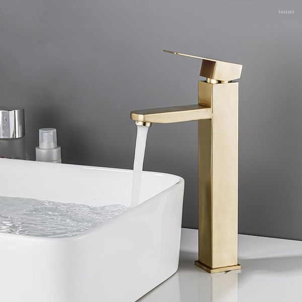 Badezimmer-Waschtischarmaturen, moderner Waschbecken-Wasserhahn, Edelstahl, Keramikboden, quadratisch, Einlochmontage, gebürstetes Gold, kalte Küchenmischbatterien