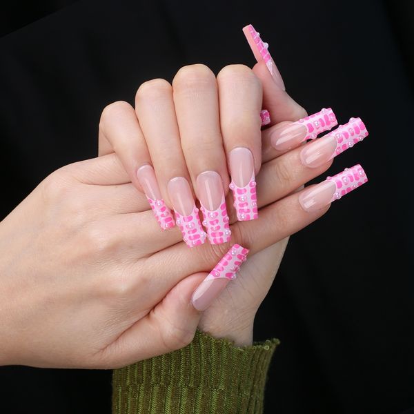 Künstliche Nägel, nackter Hintergrund, Tipp: Kreieren Sie einen rosafarbenen Druck, einen französischen Perlenkristall-Acrylnagel, freiliegende quadratische Salon-Kunstnägel, 230617