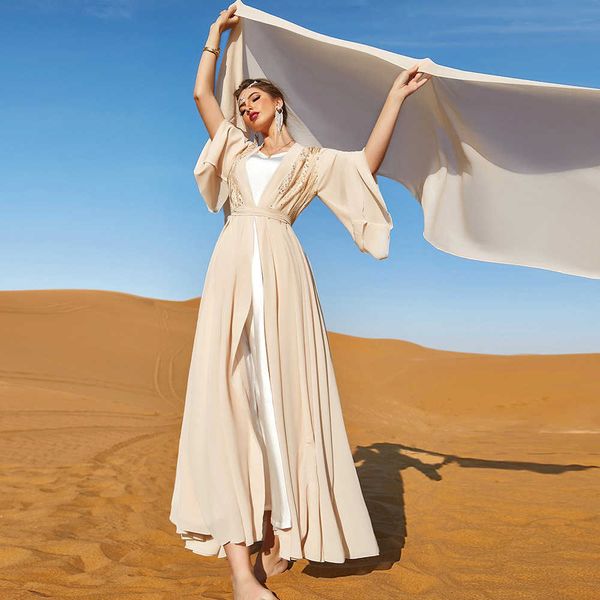 Neue Beige Doppelschicht Chiffon Fashion Travel Party Outwear Langes Maxikleid Club Damen Spitze SEXY Kleider FÜR FRAUEN 2023