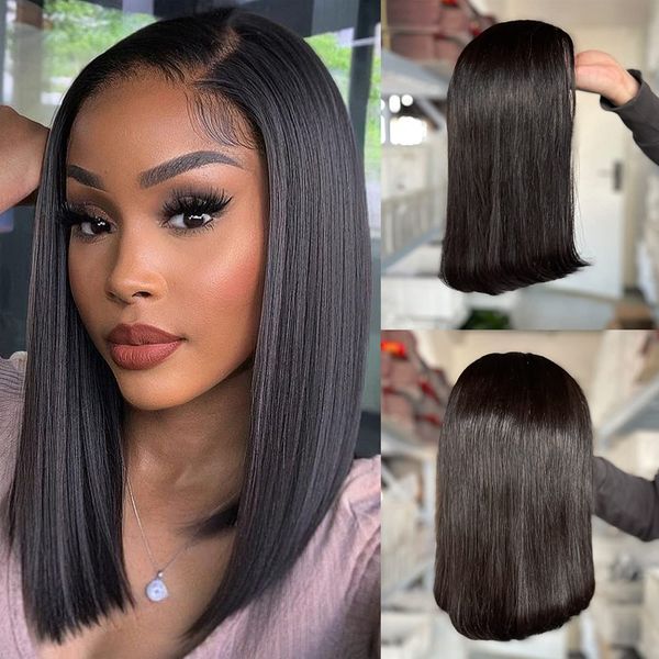 Bob peruca curto brasileiro osso reto barato 100% perucas de cabelo humano para mulheres negras peruca T parte rendas frontal bob peruca pré arrancada 4X4