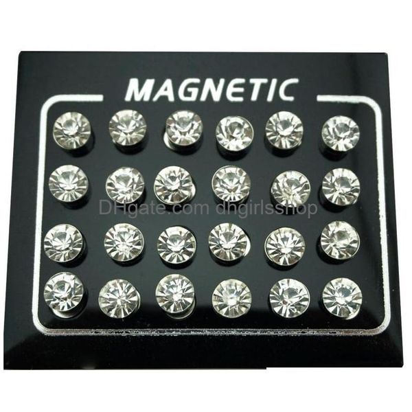 Fascino 12 paia / lotto 4/5/6 / 7mm cristallo rotondo strass magnete orecchino a bottone disco donna uomo magnetico falso orecchio gioielli goccia consegna Dhbsf