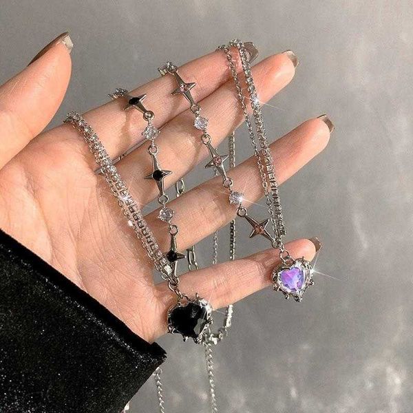 Подвесные ожерелья Y2K Purple Crystal Heart Ожерелье Сердца Женщины осветить роскошь Egirl Emo Punk Grunge Clabicle Chain Fashion Fashion Day Dise Gifts 230613