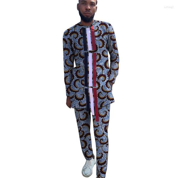 Tute da uomo Camicie patchwork decorate a strisce di stoffa blu scuro / bianco / rosso Completi di pantaloni con stampa africana Abiti da sposo maschili Abiti festivi nigeriani