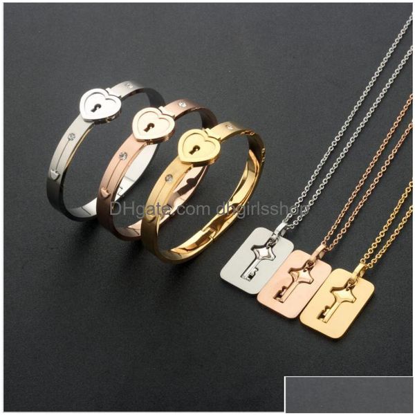 Armband Halskette Edelstahl Paar Armreifen Halsketten Lock Key Anhänger Schmuckset für Freund Freundin Geburtstag Valentin Dhwdy