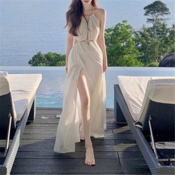 Tailandia Sanya Tourism Skirt Beach Resort maxi Night club Dress Pure Sexy Hollow White Strap Fashion Abiti lunghi da donna