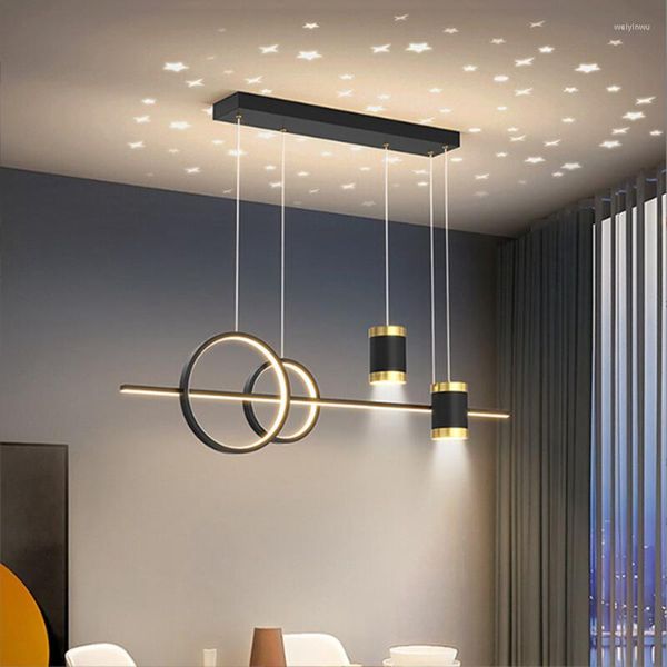 Lustres Estilo Qingshe Moderno LED Sala de Jantar Lustre Moda Inteligência Barra de Luz de Teto Céu Estrelado Balck Ouro Lâmpadas Lndoor