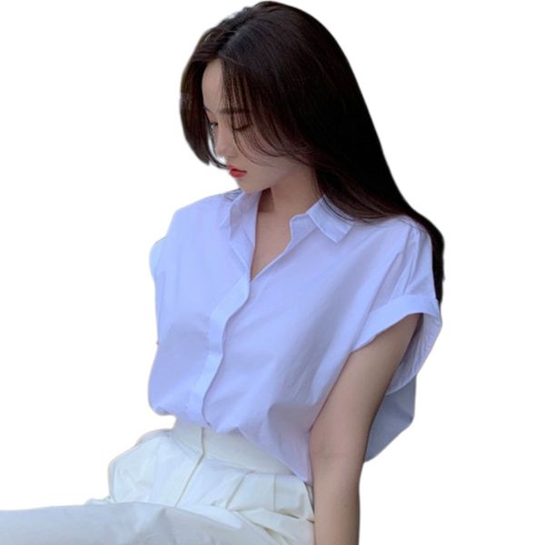 Frauen koreanische mode kurzarm drehen unten kragen einfarbig OL arbeit bluse hemd tops SMLXL