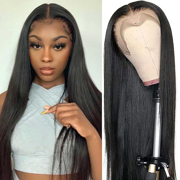 Lace-Frontal-Perücken für Frauen mit Babyhaar, 180 Dichte, transparent, brasilianisches glattes Echthaar, vorgezupftes Haar, 61 cm