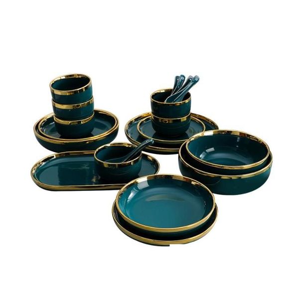 Conjuntos de louças de cerâmica pratos de jantar conjunto de pratos de luxo comida verde prato de sobremesa salada tigela de sopa utensílios de mesa para restaurante el drop de dhuvl