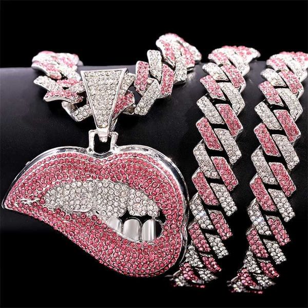 Colares de pingentes de colar de forma de lábios de picada de hip hop rosa para mulheres com bling picado de cor prata em cor jóias de hiphop de ligação cubana 230613