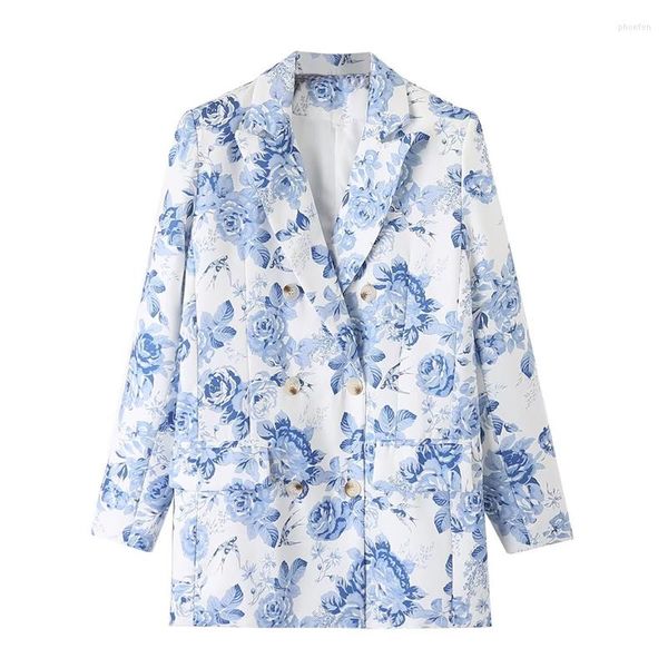 Completi da donna 2023 Summer Blue Floral Print Suit Giacca colletto a maniche lunghe Moda sciolto doppio petto All-match Top da donna