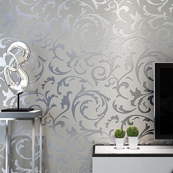 Adesivos de parede cinza 3D vitoriano damasco em relevo papel de parede rolo decoração para casa sala de estar quarto coberturas papel de luxo floral prata 230616