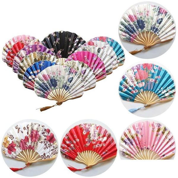 Produtos de estilo chinês Leque de seda japonês Bambu Dobrável Vintage em forma de onda Quilha Dança Mão Ventiladores Artesanato Decoração para Casa Enfeites Presente Dhg2V