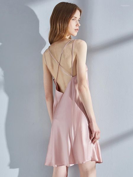 Damen-Nachtwäsche, Seidennachthemden, Damen-Rosa-Nachtwäsche, sexy Nachtkleid, ärmellose Nachthemden, V-Ausschnitt, natürliche Robe, Femme Nuisette