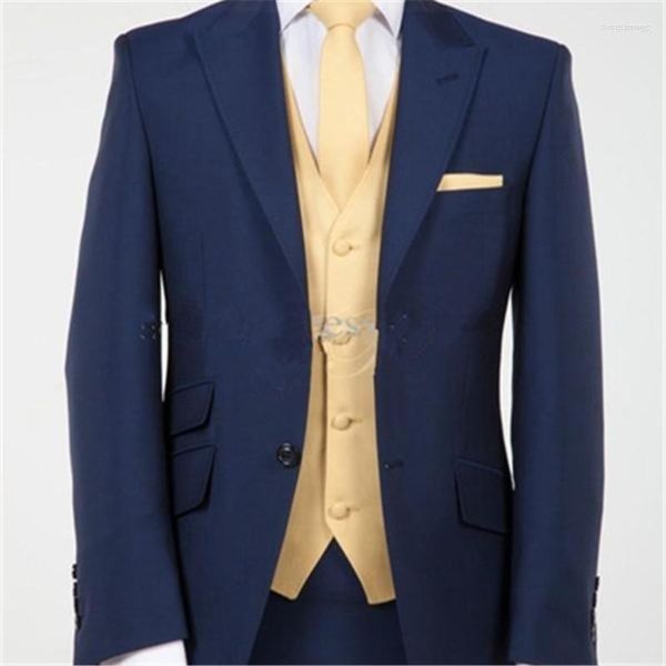 Herrenanzüge Herren Blauer Mantel Hose mit gelber Weste Herrenanzug 3-teilig (Jacke Hose Krawatte) Mode schlanker Bräutigam Prom Trajes De Hombre Blazer