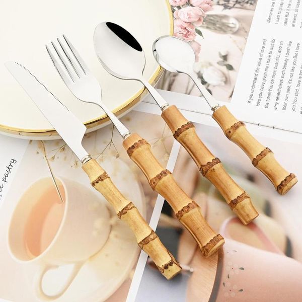 Yemek takımı setleri 16/24pcs bambu çatal bıçak seti paslanmaz çelik sofra biftek bıçağı çatal çay kaşığı batı mutfak gümüş eşyaları