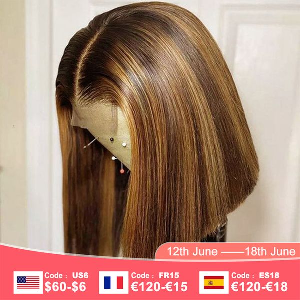 Human Chignons Brasileiro 4x4 Lace Closure Wig Highlight Colored Hair Wigs Brown Bob Straight Remy 180 Density On Sale 230617