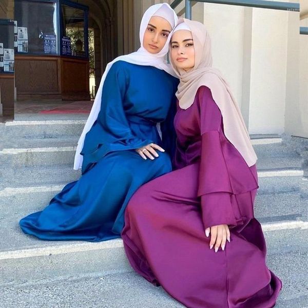 Etnik Giysiler Düz Renk Saten Uzun Dövüllü Elbiseler Müslüman Kadın Yuvarlak Boyun Abaya Büyük Boyutlu Elbise Çift Katman Alevli Kollu Çanak