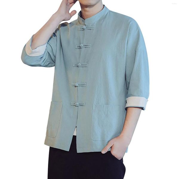 T-shirt da uomo Colletto retrò Camicia a maniche corte in cotone da uomo Tang Abbigliamento Fibbia a piastra Casual Hanfu Tall Mens For Men