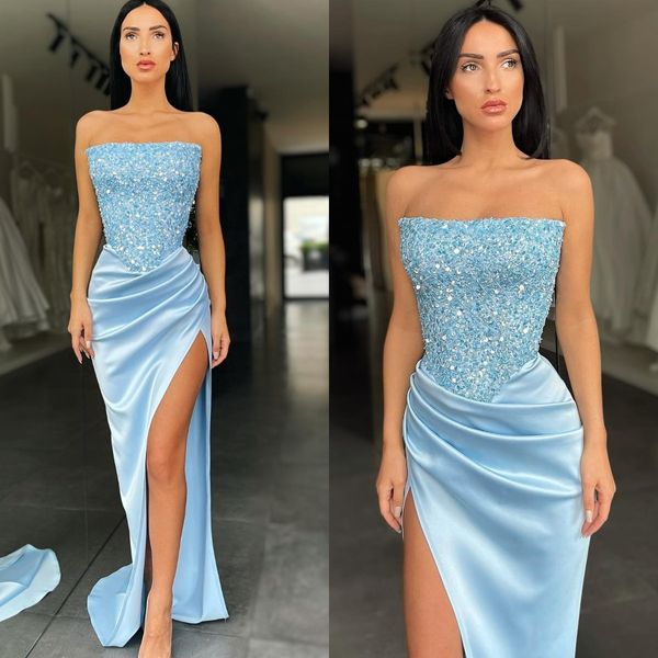 Sexy babyblaue Ballkleider, trägerlos, mit Pailletten, Top, Party-Abendkleider, Falten, Schlitz, halbformal, roter Teppich, langes Kleid für besondere Anlässe