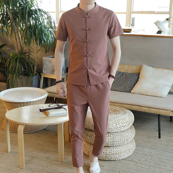 Chándales de hombre (pantalones de camisa) 2023 tendencia de moda de verano camisa de hombre de algodón de lino traje de manga corta de tamaño completo M-5XL