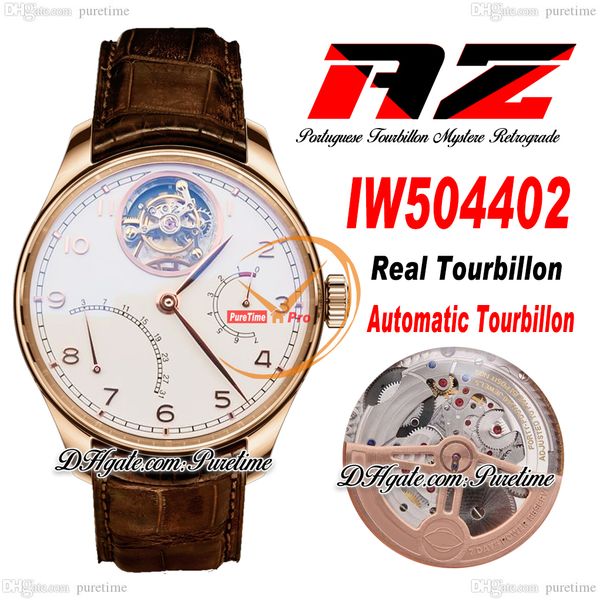 AZF Real Tourbillon Mystere Automatic Mens Watch Power Reserve IW504402 Oro rosa Quadrante bianco Numero marcatori Pelle marrone Super Edition Reloj Hombre Puretime H8