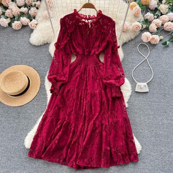 Vestidos Casuais Clothland Feminino Elegante Vestido de Renda Bordado Candy Color Manga Comprida Cintura Elástica Uma Peça Chic Midi Mujer QB918