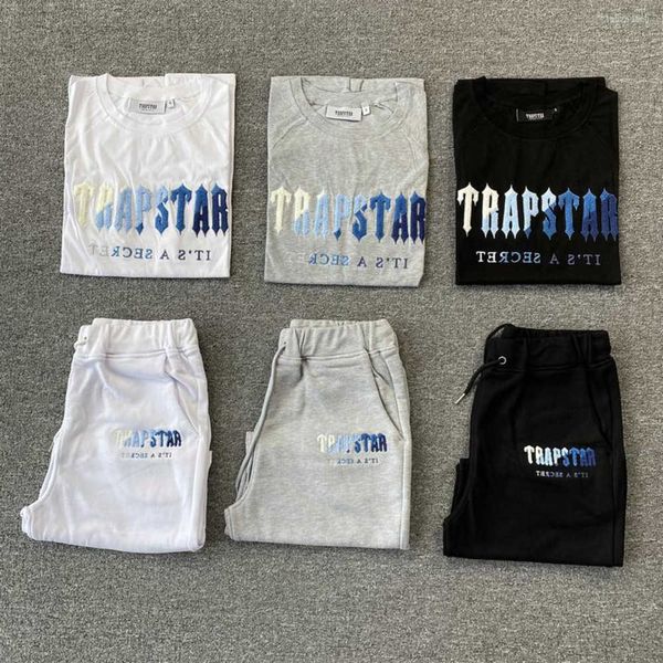 Camisetas masculinas femininas Trapstar branco azul toalha bordado shorts de manga curta conjunto primavera verão moda streetwear camiseta design de fluxo de maré 667ess