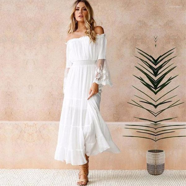 Casual Kleider Lange Boho Kleid Weiß Sexy Weg Von Der Schulter Strand Sommerkleid Flare Hülse Splice Spitze Frauen Sommer Vestidos