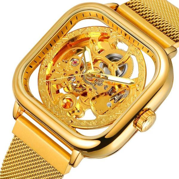 Orologi da polso Forsining Golden Men Orologio automatico Quadrato Scheletro Cinturino in acciaio Cinturino meccanico Orologio da lavoro Relogio Masculino Erkek Kol Saat