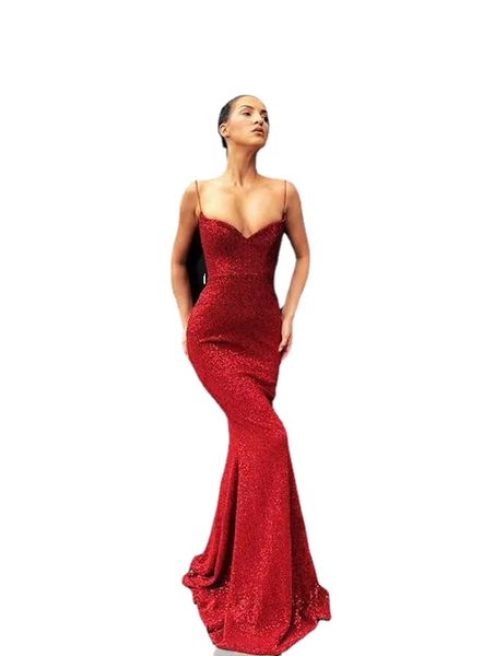 Vermelho Brilhante Vestidos de Baile Sereia Espaguete Decote em V até o chão Vestidos de Noite Escarlate Vestido Formal Vestidos para Ocasiões Especiais