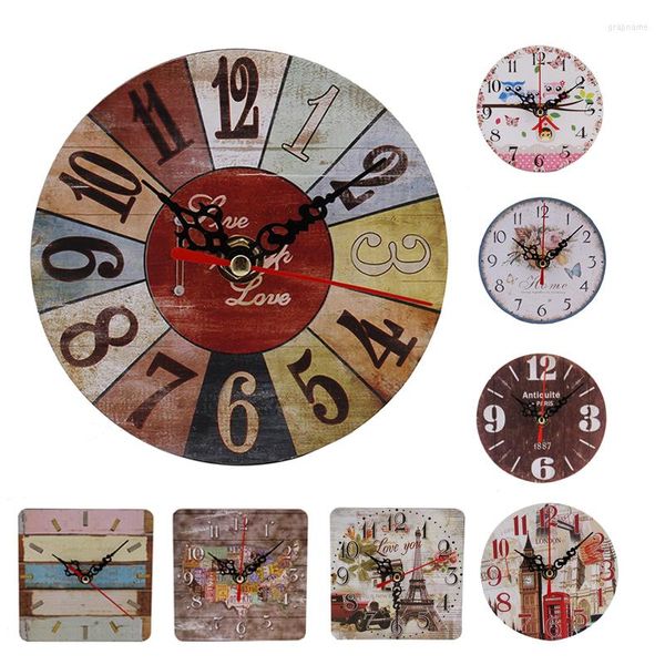 Relógios de parede Relógio vintage criativo Sala de estar Imitação de madeira Quarto Decoração interna (bateria não incluída)