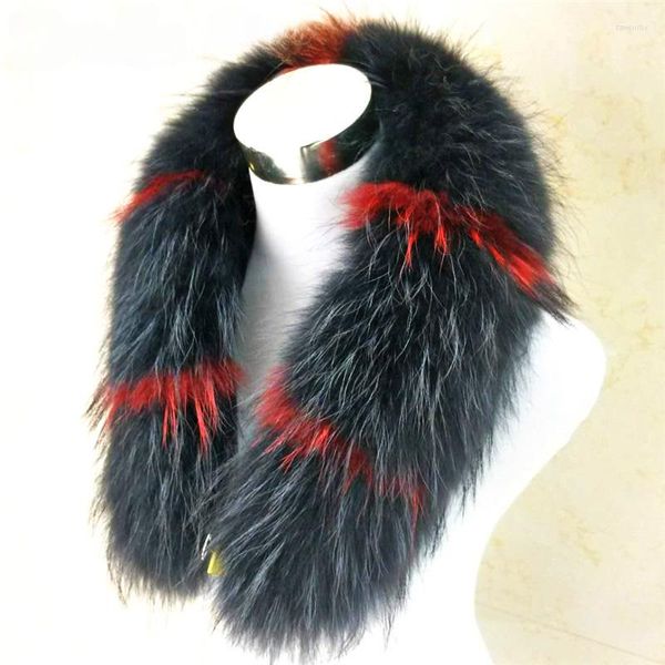 Sciarpe Super Large Luxury Real Raccon Fur Neck Giacche invernali Con cappuccio Fashion Decor Donna 75 17cm Nero con sciarpa rossa naturale