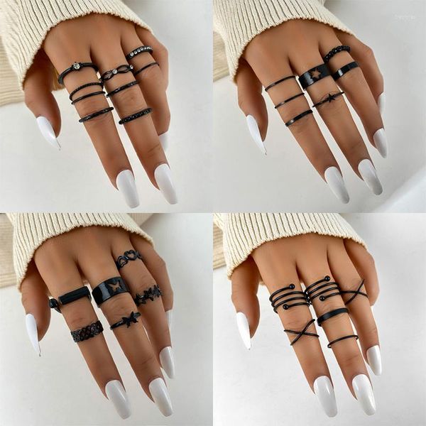 Anelli a grappolo Vintage Punk Black Finger Knuckle Ring Set per donna Uomo semplice geometrica catena larga 2023 gioielli di tendenza regali per feste