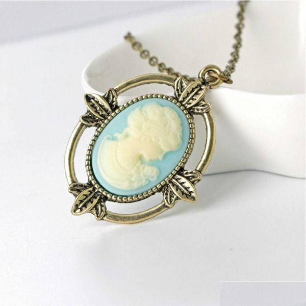 Colares com Pingente The Vampire Diaries Katherine Head Blue Cameo Vintage Antique Bronze Colar Fashion Retro Jewelry For Me Dhgarden Dh6Cw