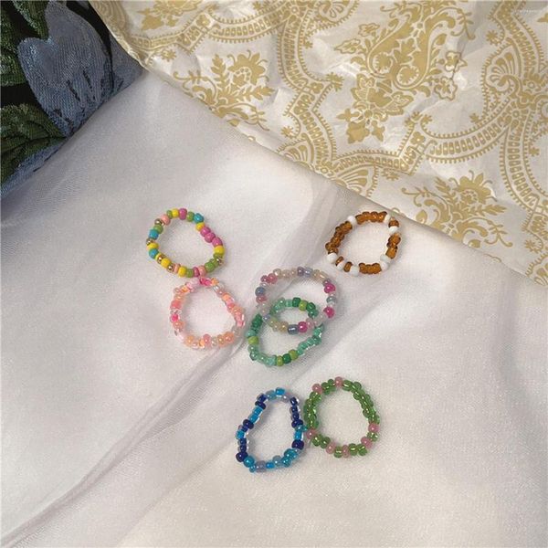 Cluster Rings Fashion Multicolor Lampwork Glass Seed Beads Elástico Stretch Frisado Anel de Dedo Feminino Para Mulheres Jóias Presentes 2cm de Diâmetro.