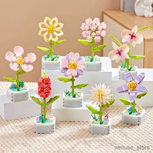 Blocchi Bouquet di rose Orchidea Bellissimo blocco Fiore Piante grasse Blocchi da costruzione in vaso Assemblaggio romantico Giocattolo da costruzione regalo per ragazza R230629