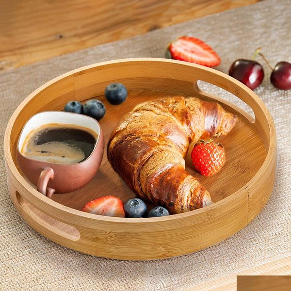 Bandejas de café da manhã, acessórios domésticos, bandeja redonda de madeira de bambu, para jantar, barra de chá, recipiente de comida, alça, suporte de armazenamento, gota Dhkd7