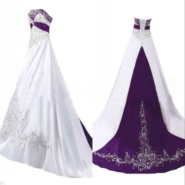 Exclusivo roxo e branco bordado uma linha vestidos de noiva vestido de noiva sem alças espartilho cetim lantejoulas frisado feito sob encomenda262m