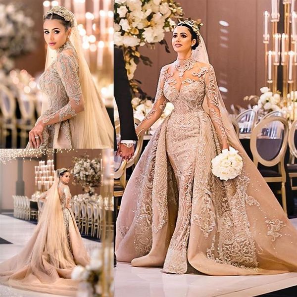 Abiti da sposa a sirena a maniche lunghe a collo alto modesto con abiti da sposa in pizzo con strascico staccabile Abiti da sposa in cristallo robe de mariee290Z