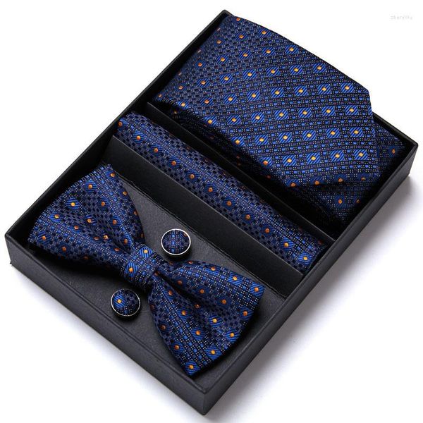 Bow Ties 6pcs Setler Düğün İş Erkekler Çizgili Polyester Tie Kufflinks Hanky ​​Hediye Kutusu Set Toptan