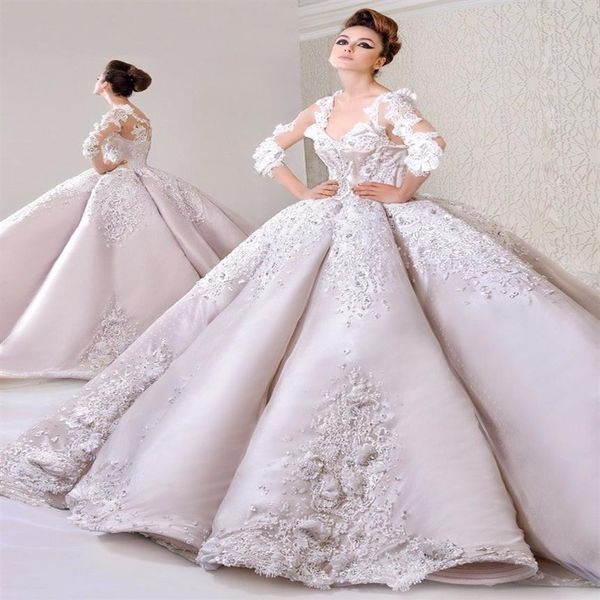 2018 Nuovo arrivo Elegante maniche lunghe in pizzo Appliques Scollo a V Abiti da sposa Abito da sposa in raso Abiti da sposa2914