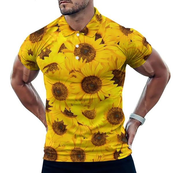 Polo Masculino Girassol Camisa Polo Amarela Estampa Floral Camisa Casual Praia Y2K T-Shirts Masculina Manga Curta Colarinho Turn-Down Tamanho Grande Personalizado Tops 230617