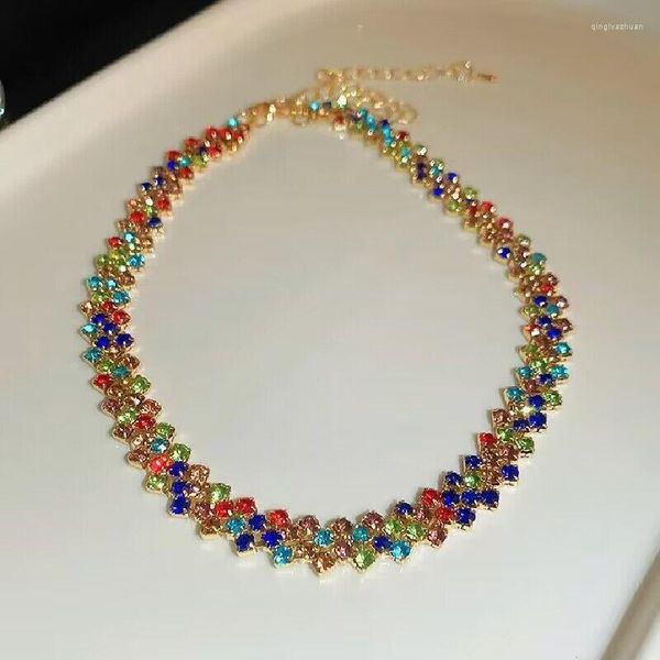 Ketten Mode Bunte Blau Grün Strass Choker Halsketten Für Frauen Geometrische Kristall Party Hochzeiten Schmuck