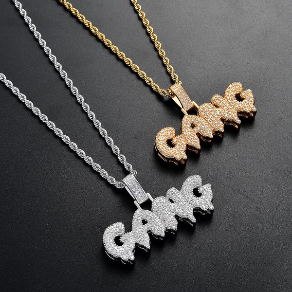 Hip Hop Rapper colar com pingente de diamante brilhante moda GANG Inglês carta pingente personalidade criativa cobre micro-inserto completo zircão jóias hip hop 1339