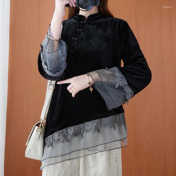 Ethnische Kleidung im chinesischen Stil unregelmäßige Qipao-Shirts Frauen Mesh Grau Spitze Schwarz Gold Samt Cheongsam Tops Dame Elegante Bluse Orientalisch