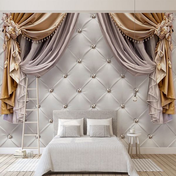 Adesivos de parede personalizados de qualquer tamanho papel de parede 3D moderno europeu cortinas fundos suaves mural sala de estar sofá quarto decoração de casa pintura 230617
