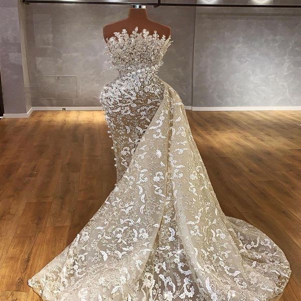 Splendidi abiti da sposa a sirena con perle di perle Abiti da sposa con treno staccabile Africano nigeriano senza spalline Applique in rilievo di pizzo vestido 233A